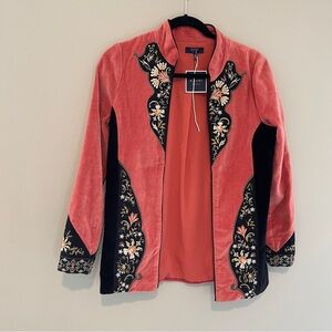 Kaari Blue Orange Embroidered Open Front Jacket Blazer Boho Size XS NWT